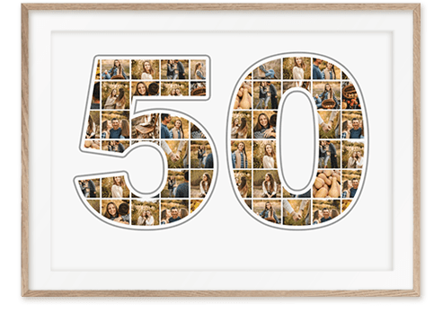 Ziffer 50 Collage mit Fotos als tolles Geschenk zum Geburtstag mit vielen Bildern auf weissem Hintergrund in sandfarbenem Holzrahmen
