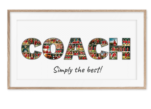 COACH Buchstabencollage für Trainer zum Abschied mit vielen Bildern und persönlicher Widmung