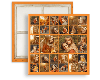 collage mit vielen bildern leinwand quadratisch orange