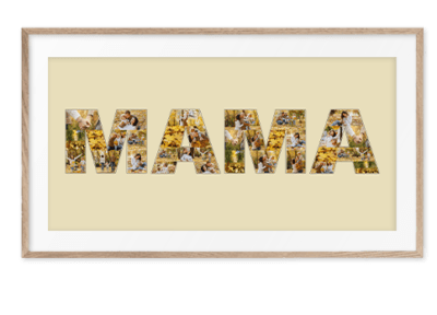 Tolle Wortcollage Mama als Geschenk zum Geburtstag mit individuellen Fotos auf Hintergrund beige gerahmt in hellem Rahmen
