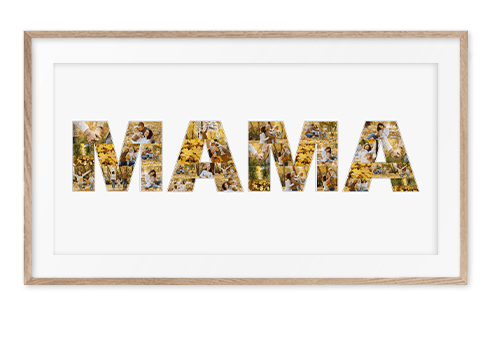 Geschenk als Collage aus Lettern zum Geburtstag Fotowort Mama auf weissem Hintergrund aus individuellen Bildern eingerahmt in Holz