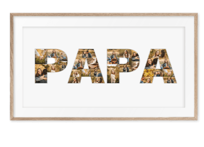 Geschenk als Collage aus Lettern zum Geburtstag Fotowort Papa auf weissem Hintergrund aus individuellen Bildern eingerahmt in Holz