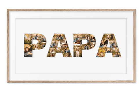 Geschenk als Collage aus Lettern zum Geburtstag Fotowort Papa auf weissem Hintergrund aus individuellen Bildern eingerahmt in Holz