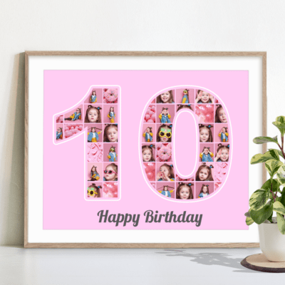 Schöne Geschenkidee zum Geburtstag personalisierte Zifferncollage 10 für Mädchen mit eigenen Bildern auf rosa Hintergrund in hellem Holzrahmen an eine Wand gelehnt neben einer Pflanze