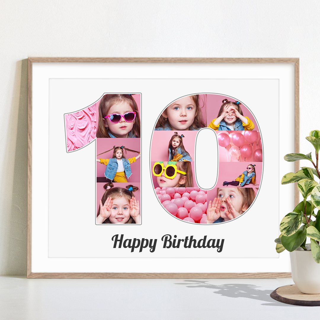 Persönliche Bilder als Zahlencollage 10 ein originelles Geburtstagsgeschenk für 10 jährige Mädchen vor weissem Hintegrund eingerahmt auf Tisch stehend hinter einer Pflanze