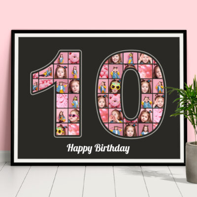 Perfektes Mädchengeschenk zum 10. Geburtstag Collagezahl mit persönlichen Bildern auf schwarzem Hintergrund angelehnt an eine rosa Wand neben einer Pflanze