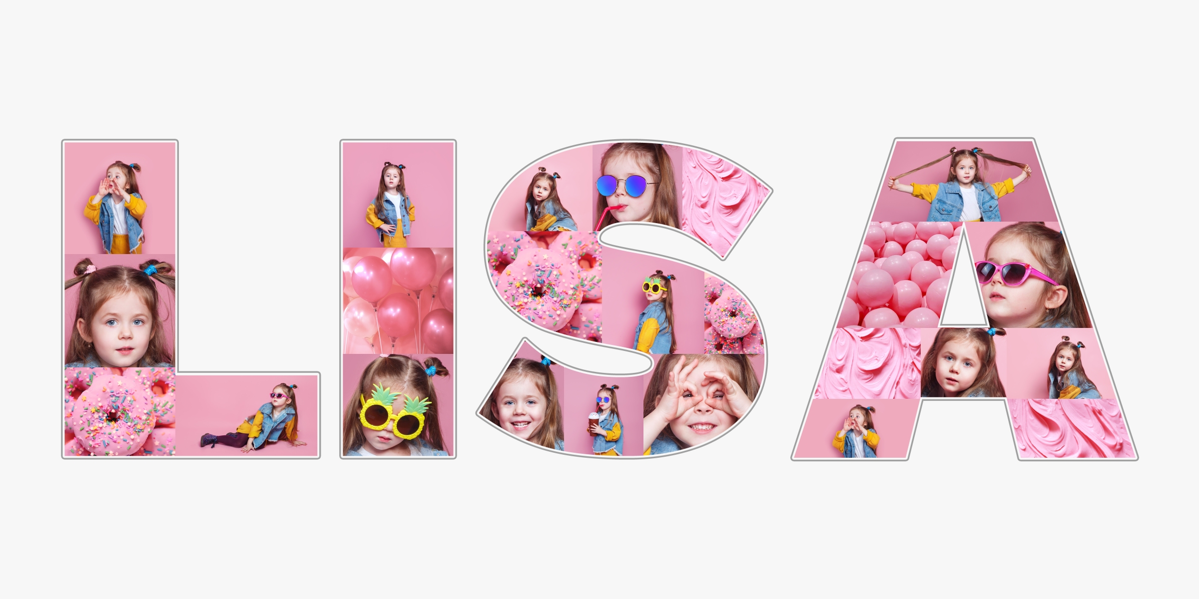 Vorname Lisa als kreatives Buchstaben Collage Geschenk zum 10. Geburtstag für Mädchen vor weissem Hintergrund