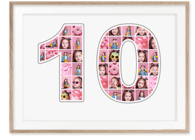 Collage Zahl 10 mit vielen Bildern als Geschenk zum 10. Geburtstag auf weissem Hintergrund in hellem Rahmen aus Holz