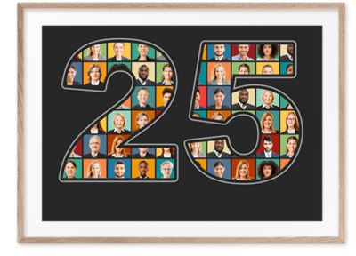 Individuelle Zahlencollage 25 zum Firmenjubiläum mit Mitarbeiter-Bildern auf Leinwand in schwarz mit hellem Rahmen