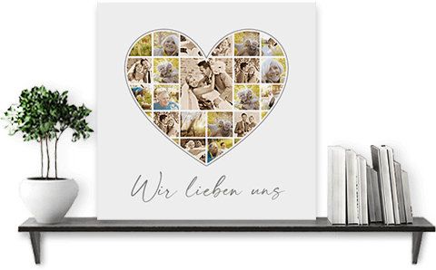 Herz-Collage als Geschenk zur Goldenen Hochzeit mit großem Hauptbild und Grußtext auf Leinwand gedruckt