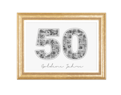Goldene Hochzeit Geschenk als Fotocollage Zahl 50 in schwarz weiß mit Grußtext in goldenen Rahmen