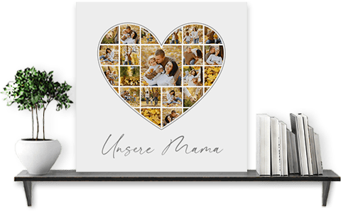 Große Fotoherz-Collage als individuelles Geschenk zum Muttertag mit eigenen Bildern und Grußtext als Leinwand gedruckt auf Regal