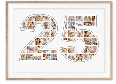 Collage als Foto-Zahl 25 als Geschenk zur Silberhochzeit mit vielen Bildern und Wunschtext mit weißen Hintergrund