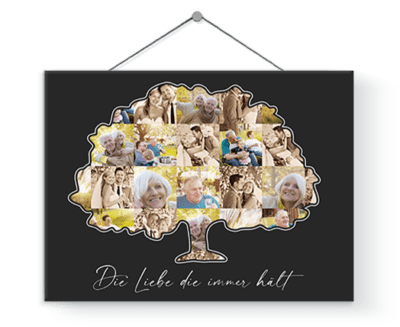 Familienbaum Fotocollage als gemeinsames Geschenk zur Goldenen Hochzeit mit Grußtext auf Leinwand gedruckt