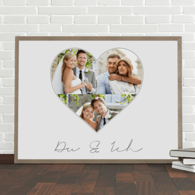 Große Herz-Collage aus 3 Bildern mit Text Du & Ich als Geschenk zum 1. Hochzeitstag als gerahmtes Poster auf Kommode