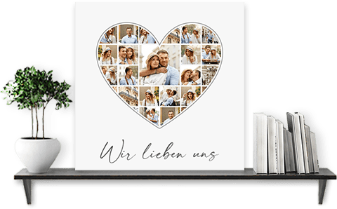 Herzförmige Liebescollage zum Geburtstag auf Leinwand mit großen Hauptbild und Text auf einem Bücherregal