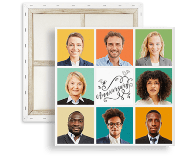 Quadratische Fotocollage mit 8 Mitarbeiterbildern zum Firmenjubiläum auf Leinwand gedruckt