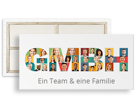 Buchstaben Fotocollage mit Firmenname GmbH zum Firmenjubiläum mit Text auf Leinwand gedruckt