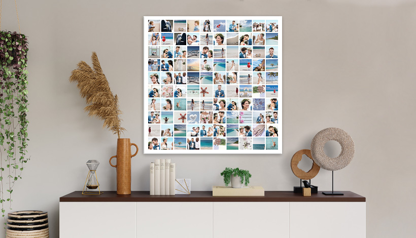 Quadratische Fotocollage mit 100 Bildern über einer Kommode
