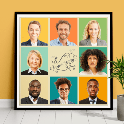 Quadratische Fotocollage mit 8 Mitarbeiterfotos als Geschenk zum Firmenjubiläum als Poster gedruckt