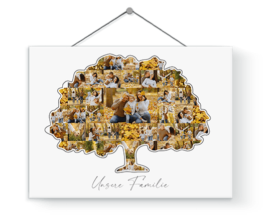 Familienbaum Fotocollage als Geschenk zum Muttertag mit vielen Bildern und Grußtext als Leinwand gedruckt