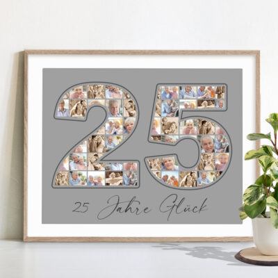 Foto-Collage Zahl 25 als Geschenk zum 25. Hochzeitstag mit eigenen Fotos und Wunschtext im Rahmen