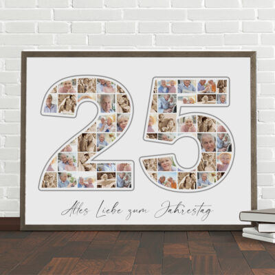 Persönliche Collage Zahl 25 als Geschenk zur Silberhochzeit mit vielen Bildern und Wunschtext mit hellen Hintergrund