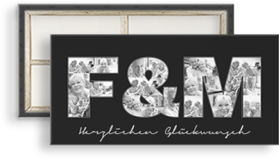 Buchstaben Collage mit Initialen F&M und Text als Geschenk zum 25. Hochzeitstag mit eigenen Fotos in schwarz weiss auf Leinwand gedruckt