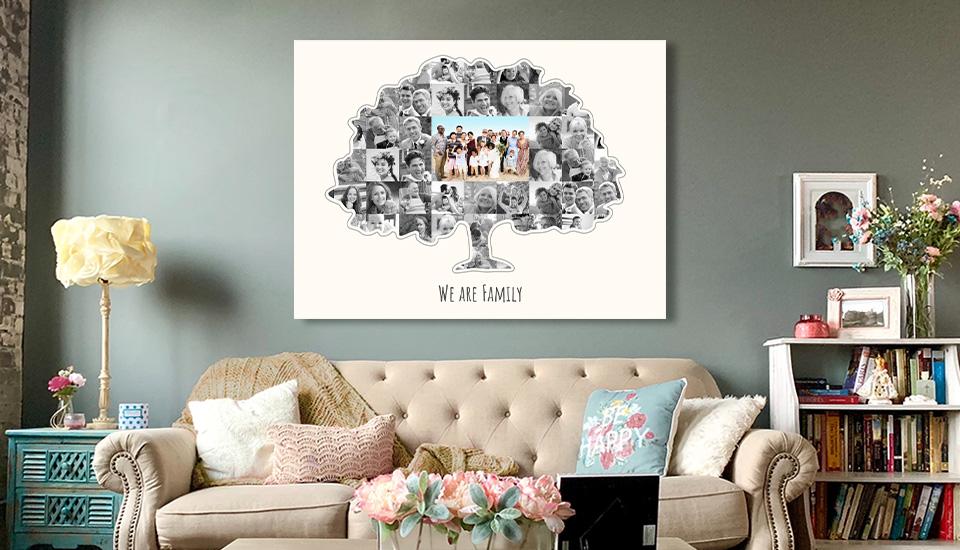 Großes Familienfoto als Stammbaum Collage mit schwarz weißen Bildern und einem großen farbigen Hauptfoto
