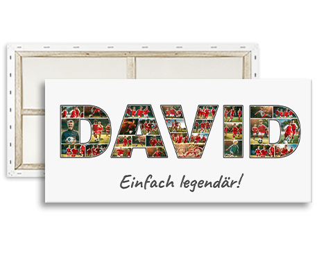 Collage mit Namen DAVID als Geschenk für Fußball Trainer auf Leinwand gedruckt