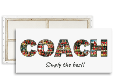 Geschenk für Fußball Trainer in Form einer COACH Buchstaben Collage mit vielen Teamfotos und Widmung