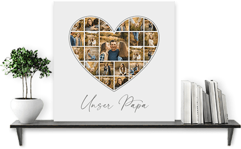 Personalisiertes Geschenk zum Vatertag als Herz-Fotocollage mit vielen Bildern und Grußtext als Leinwand gedruckt auf Regal
