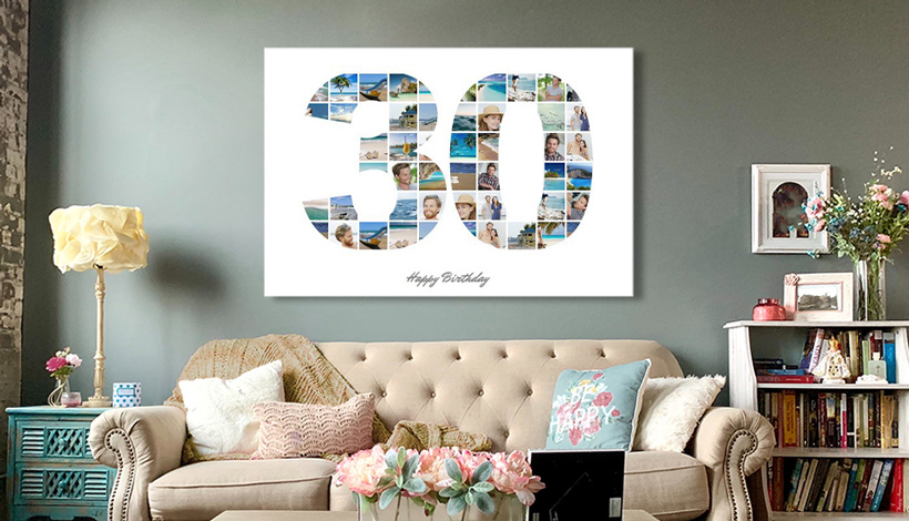 Fotocollage zum 30. Geburtstag in Form der Zahl der 30 mit vielen Bildern über einem Sofa aufgehangen